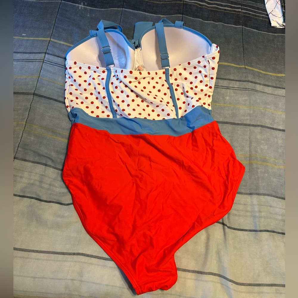 Unique Vintage Red, Blue & White Polka Dot One-Piece Swimsuit - Picture 4 of 6